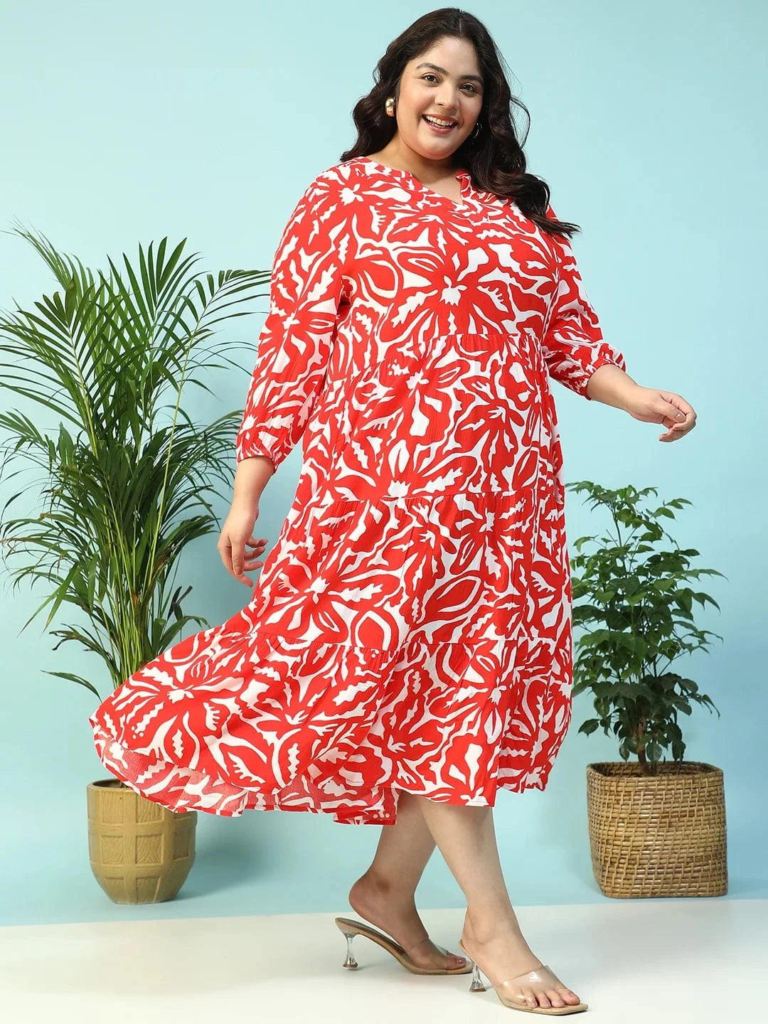 Red Floral Print V-Neck Long Sleeve Flare Maxi Plus Size Women Dress