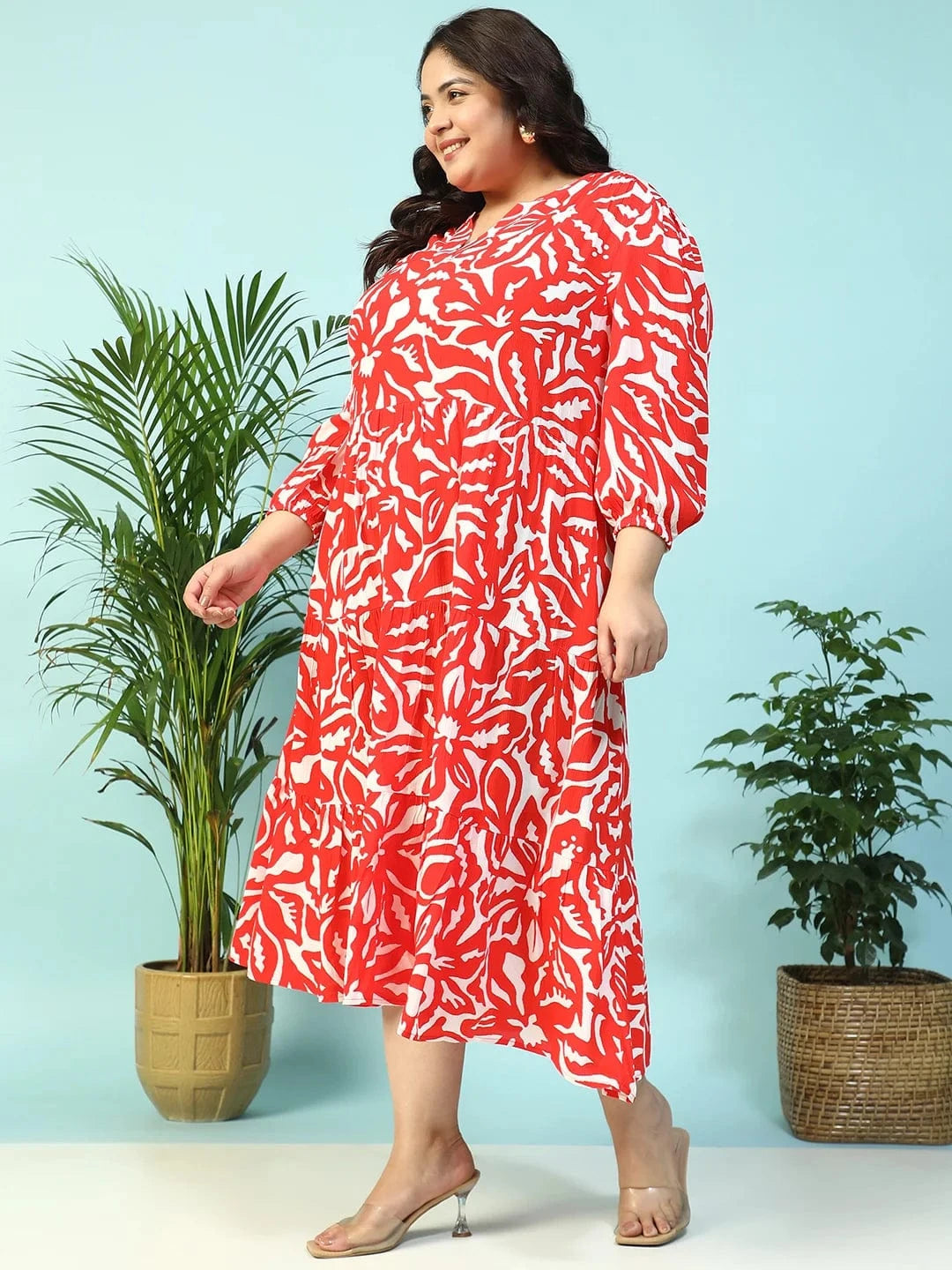 Red Floral Print V-Neck Long Sleeve Flare Maxi Plus Size Women Dress