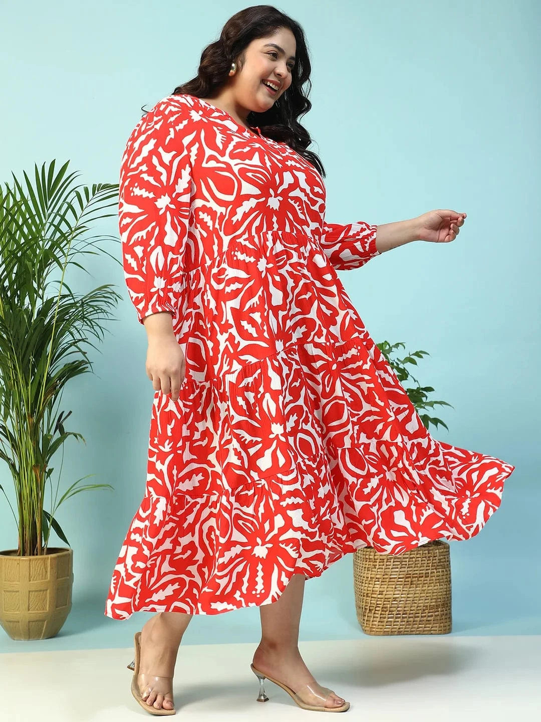 Red Floral Print V-Neck Long Sleeve Flare Maxi Plus Size Women Dress