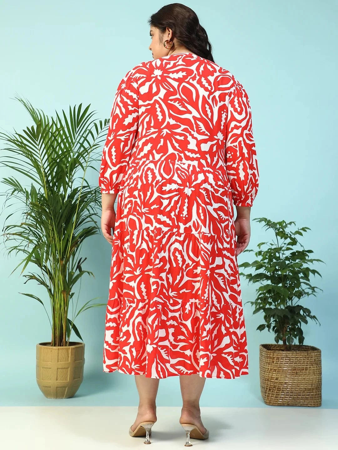 Red Floral Print V-Neck Long Sleeve Flare Maxi Plus Size Women Dress