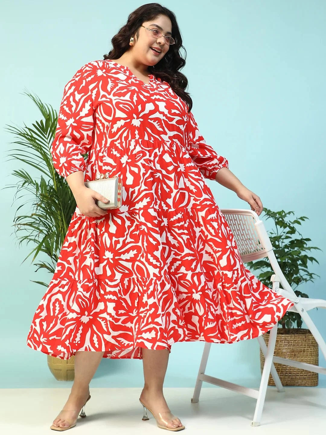 Red Floral Print V-Neck Long Sleeve Flare Maxi Plus Size Women Dress