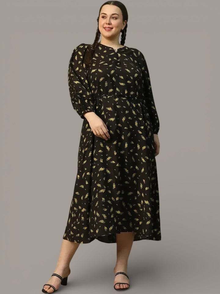 Plus Size Black Floral Print Dress