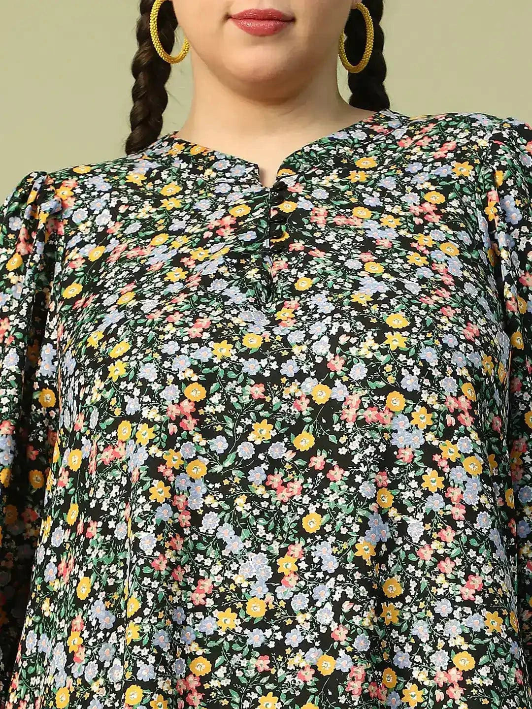 Crisp Black Floral Print Long Sleeve  Women Plus Size Maxi Dress With Waist Tie-Up Belt