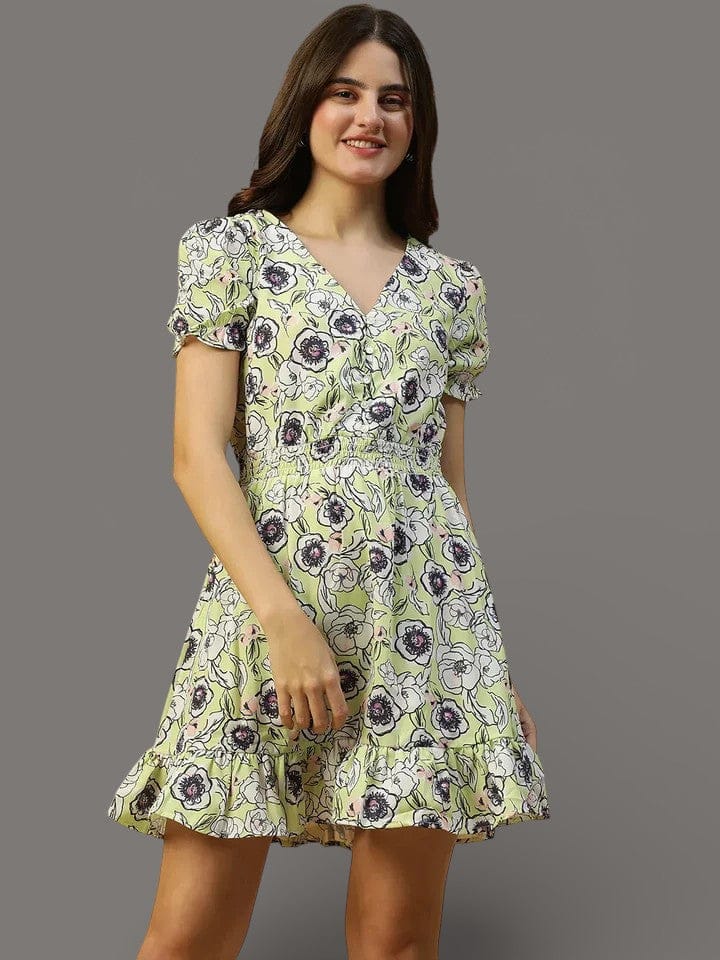 Floral Printed Short Sleeve Ruffle Women Dress