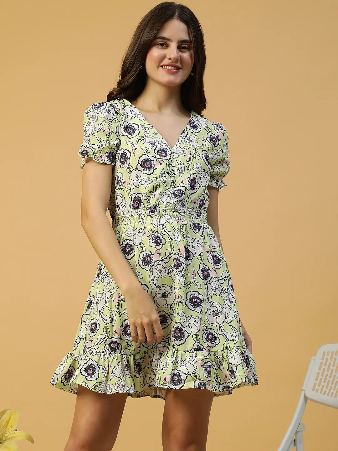 Floral Printed Short Sleeve Ruffle Women Dress
