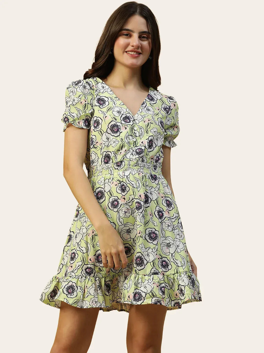 Floral Printed Short Sleeve Ruffle Women Dress