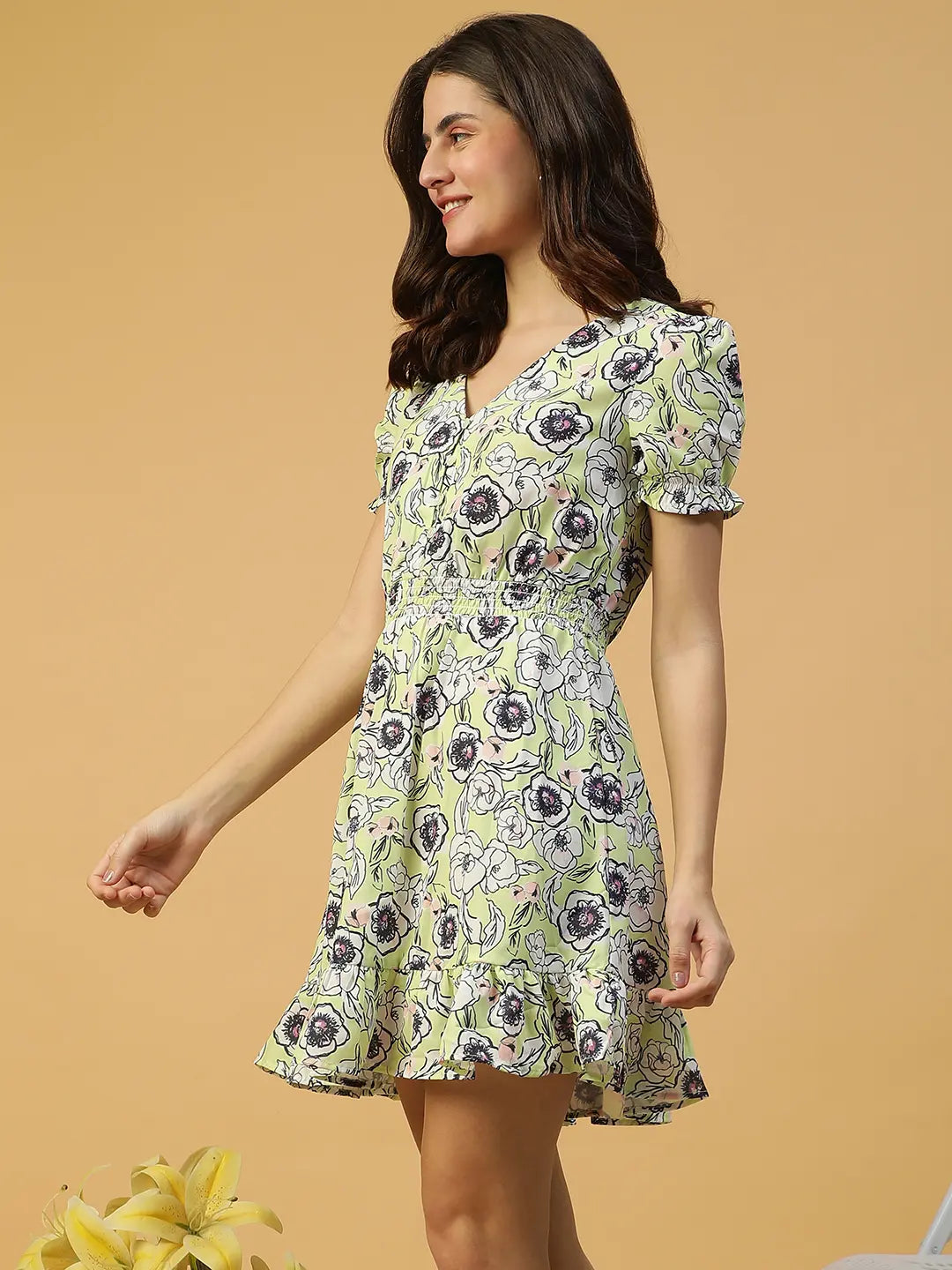 Floral Printed Short Sleeve Ruffle Women Dress