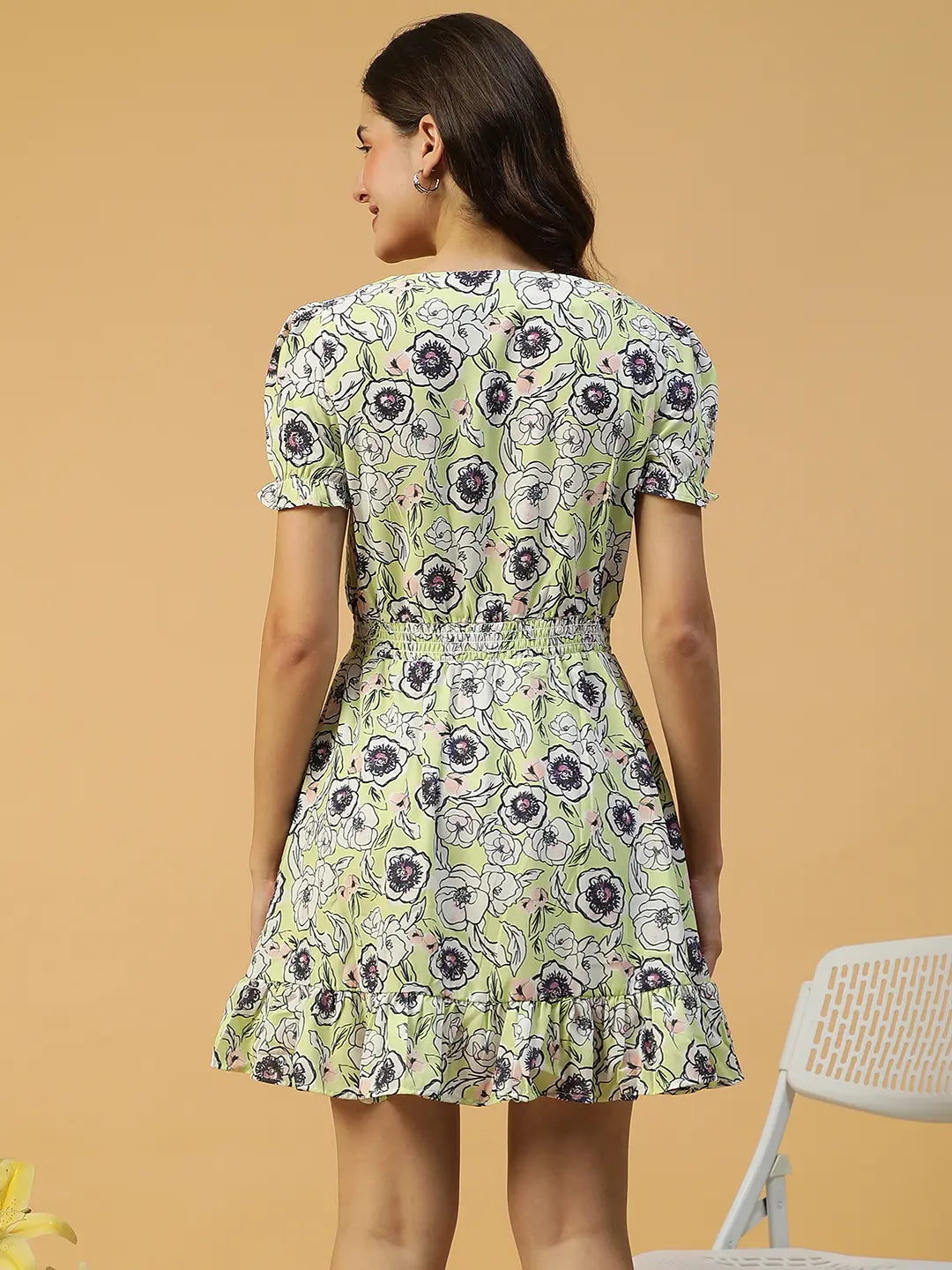 Floral Printed Short Sleeve Ruffle Women Dress