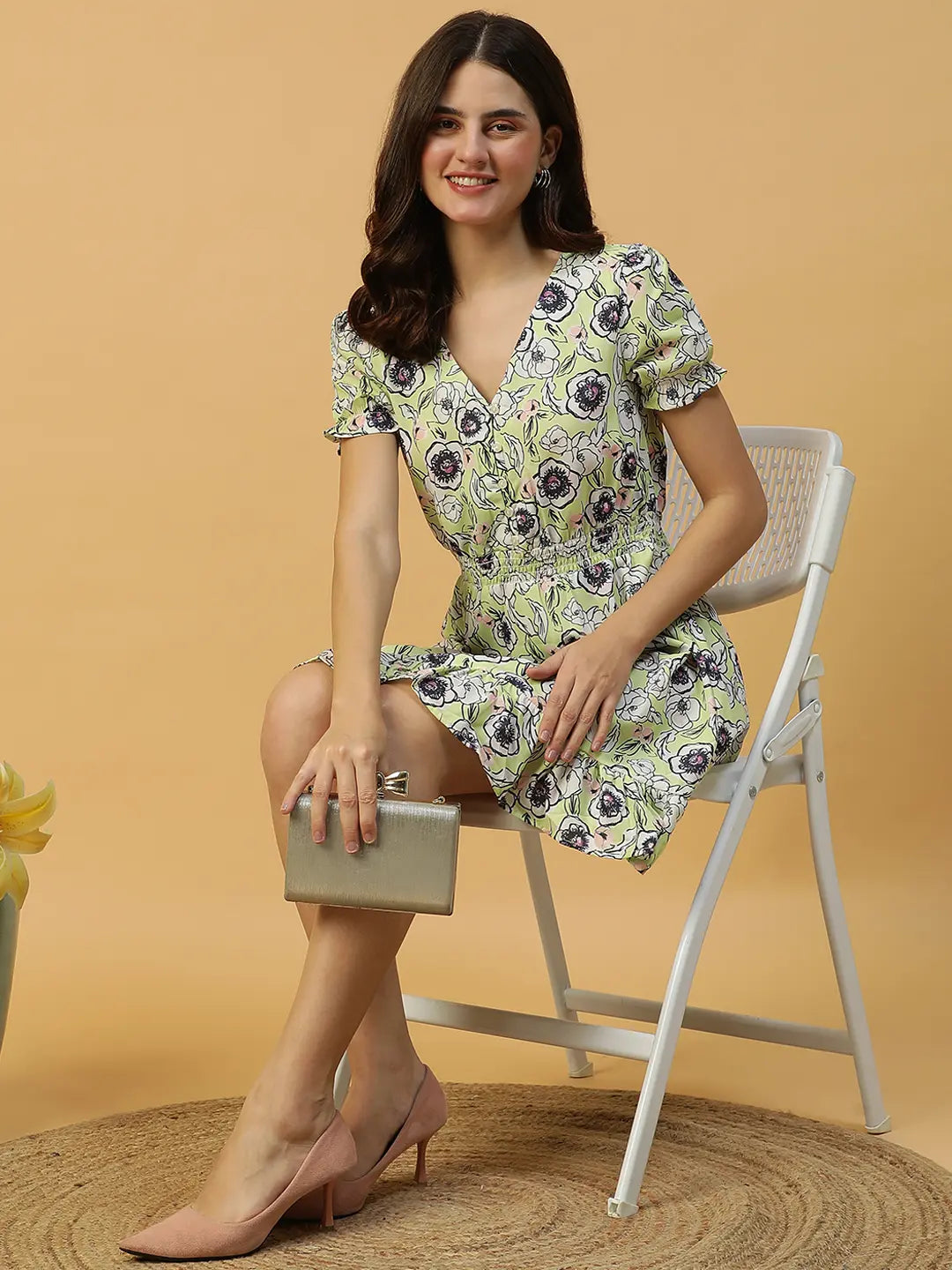 Floral Printed Short Sleeve Ruffle Women Dress