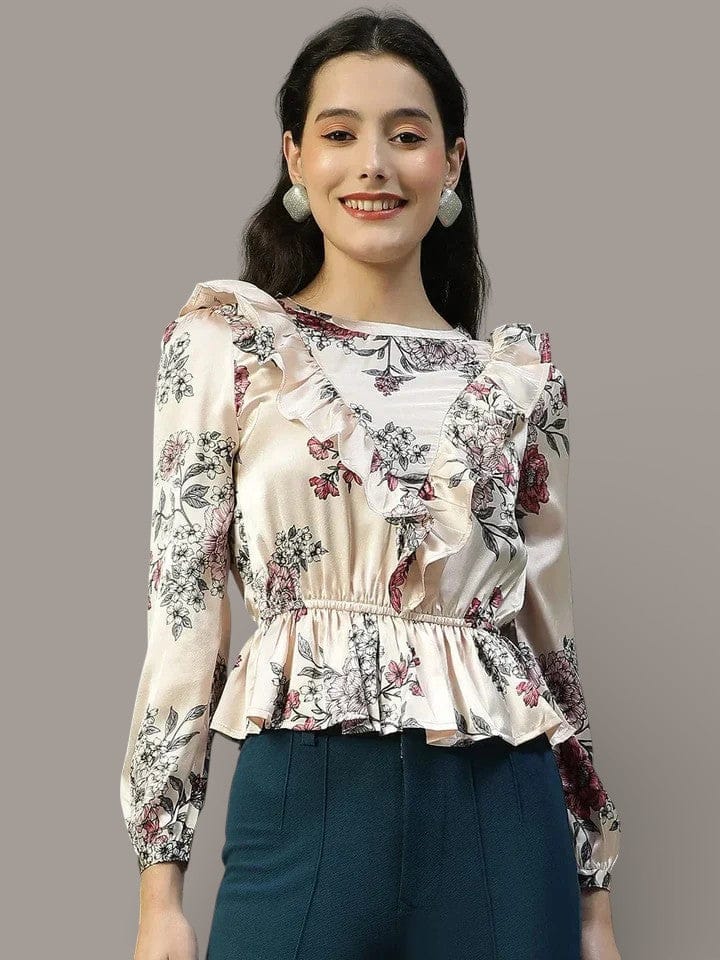 Pink Satin Peplum Top - Women's Floral Long Sleeve Satin Blouse With Frill Detail
