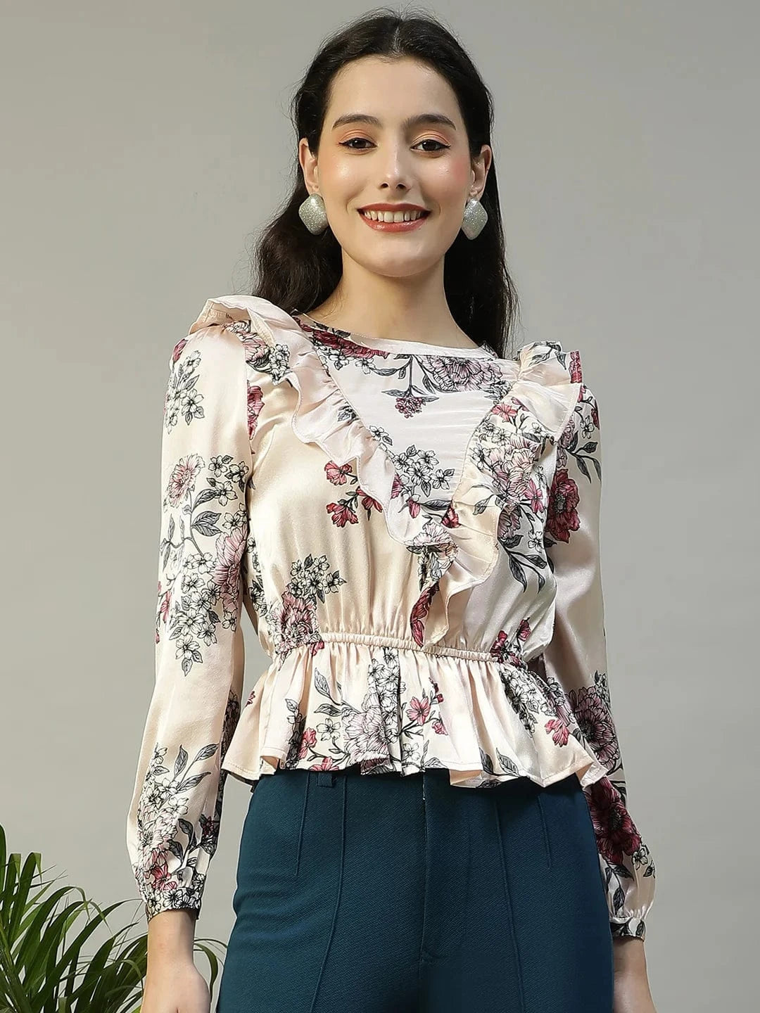 Shiney Pink Floral Print Long Sleeve Frill Detail Women Peplum Satin Top