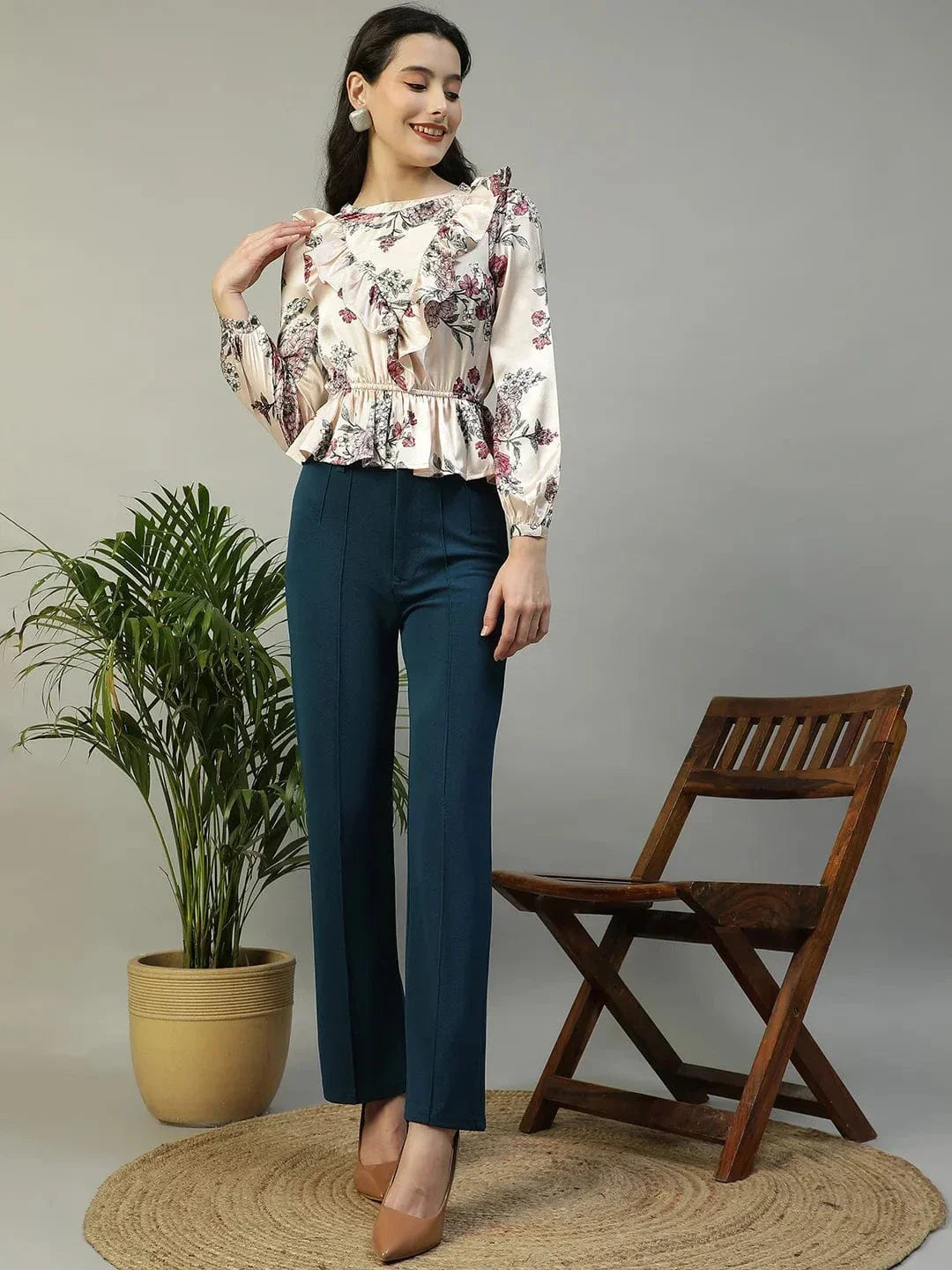 Shiney Pink Floral Print Long Sleeve Frill Detail Women Peplum Satin Top - oxolloxo