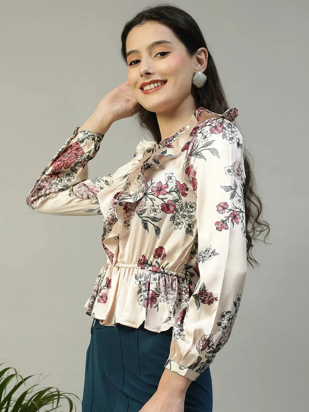Shiney Pink Floral Print Long Sleeve Frill Detail Women Peplum Satin Top - oxolloxo