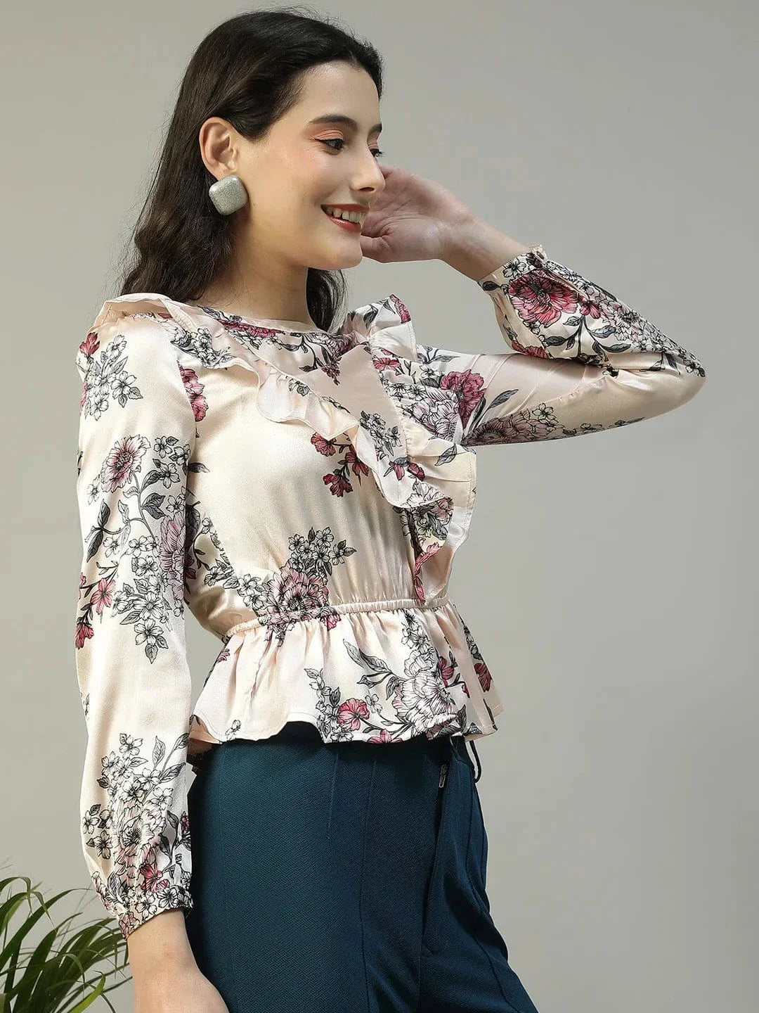 Shiney Pink Floral Print Long Sleeve Frill Detail Women Peplum Satin Top - oxolloxo