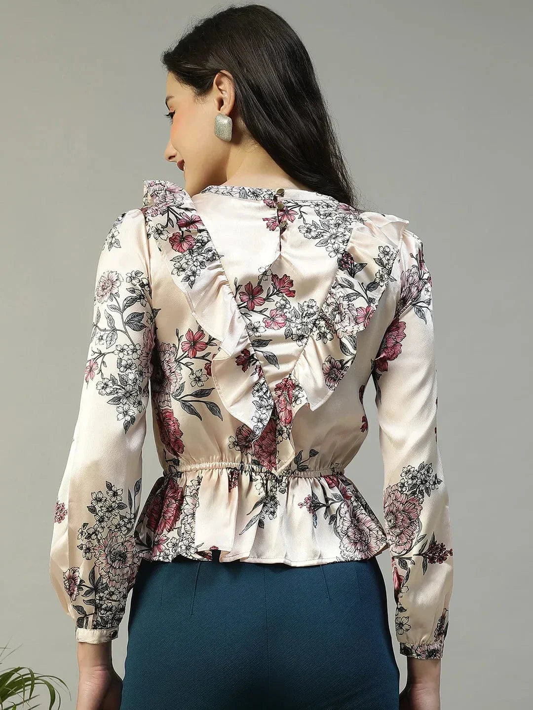 Shiney Pink Floral Print Long Sleeve Frill Detail Women Peplum Satin Top - oxolloxo
