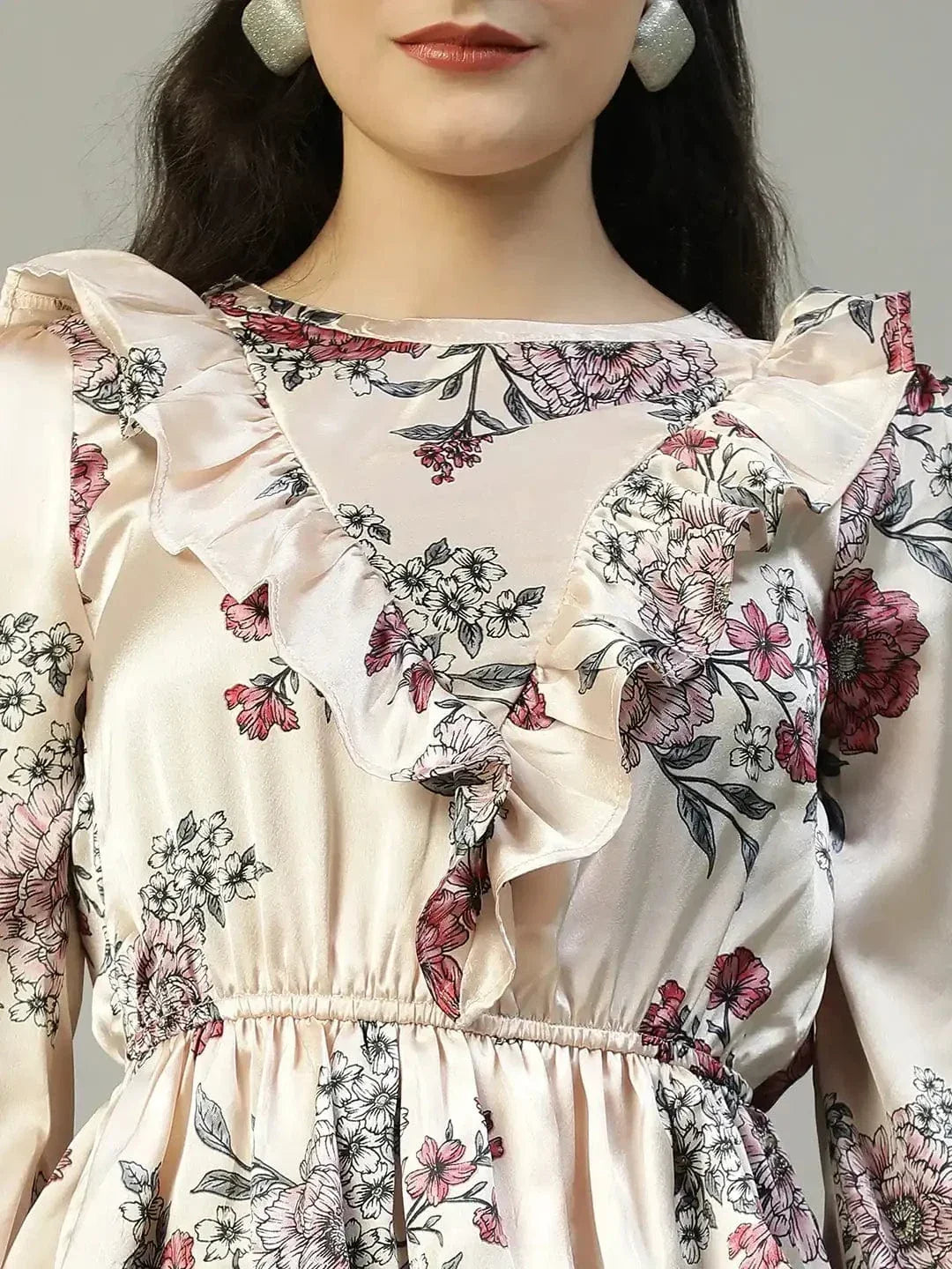 Shiney Pink Floral Print Long Sleeve Frill Detail Women Peplum Satin Top - oxolloxo