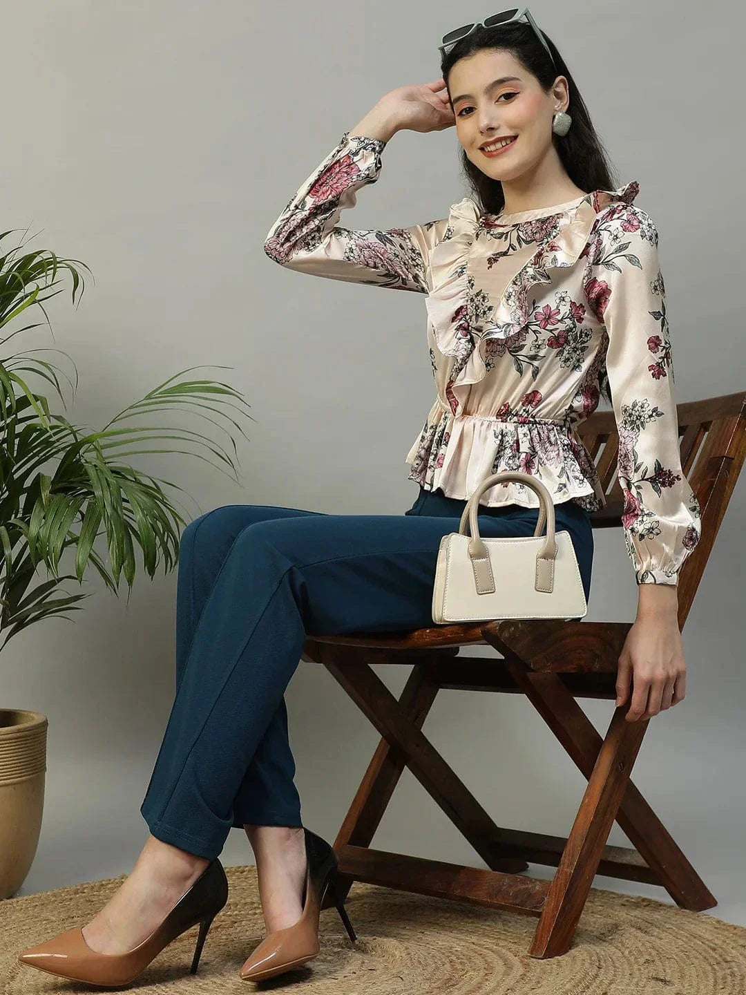 Shiney Pink Floral Print Long Sleeve Frill Detail Women Peplum Satin Top - oxolloxo
