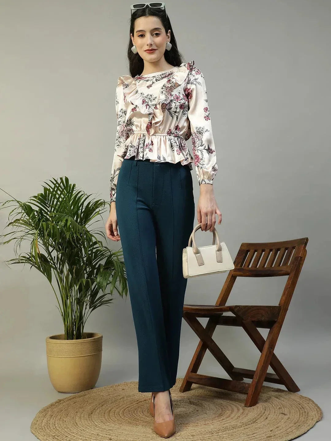 Shiney Pink Floral Print Long Sleeve Frill Detail Women Peplum Satin Top - oxolloxo