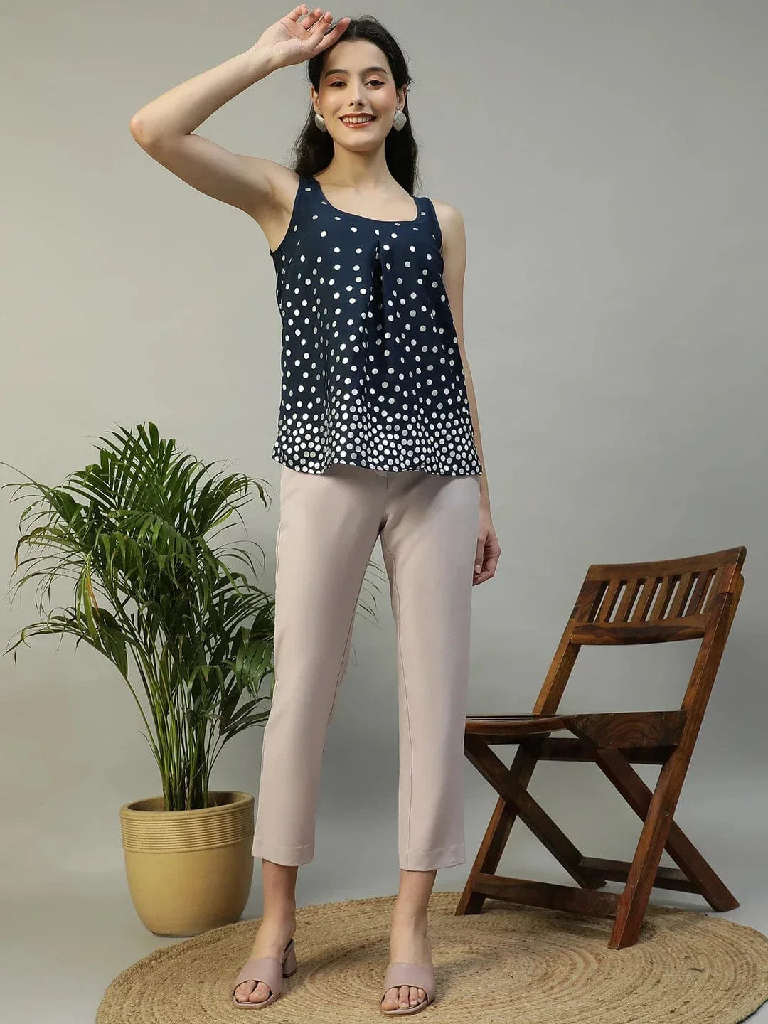 Navy Blue Foil Print Sleeveless Women Partywear Top - oxolloxo