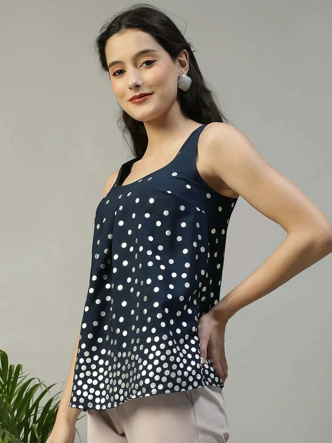 Navy Blue Foil Print Sleeveless Women Partywear Top - oxolloxo