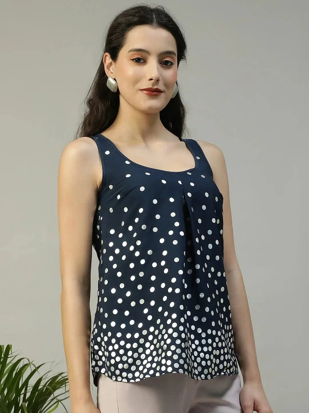 Navy Blue Foil Print Sleeveless Women Partywear Top - oxolloxo