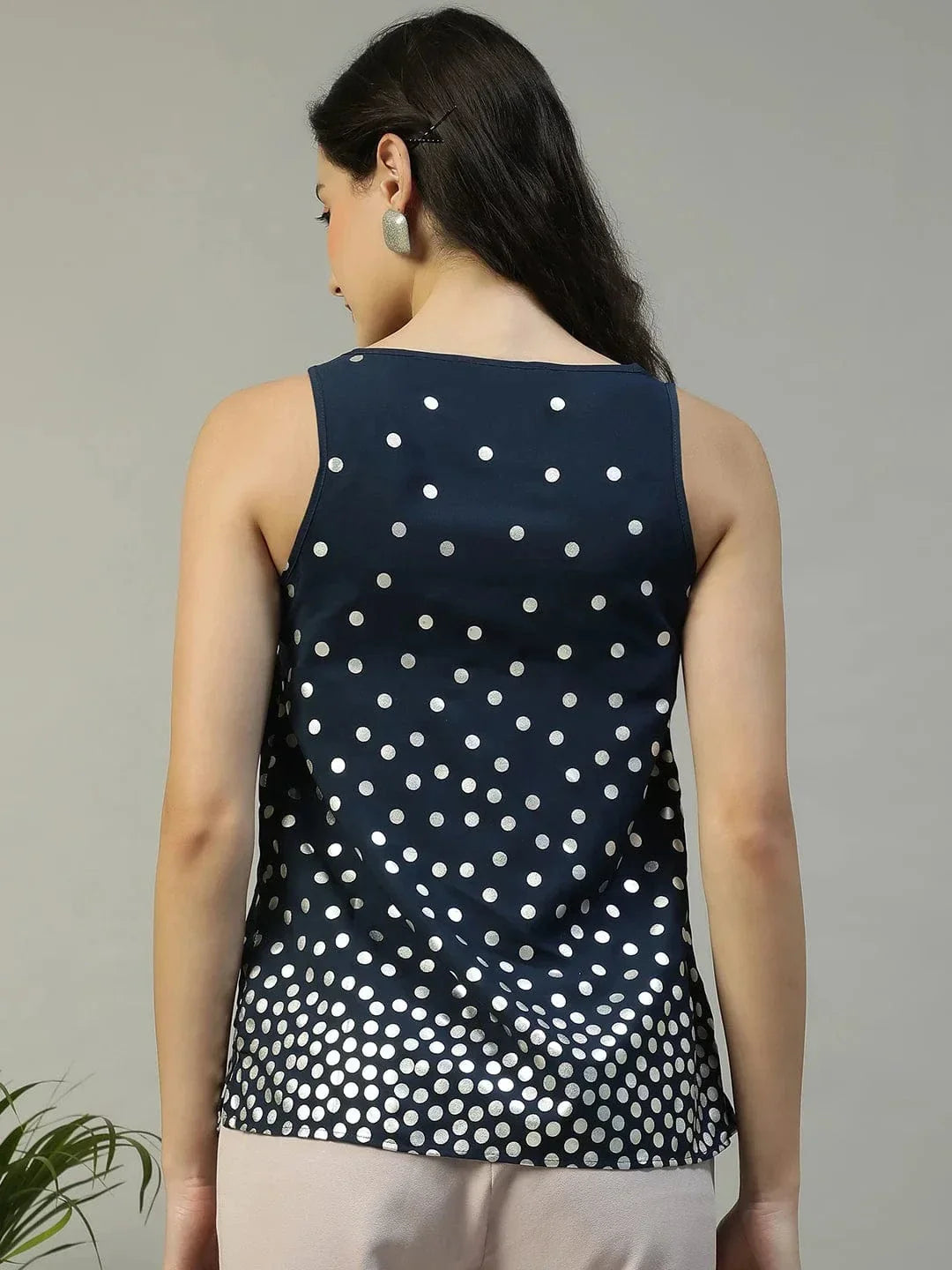 Navy Blue Foil Print Sleeveless Women Partywear Top - oxolloxo