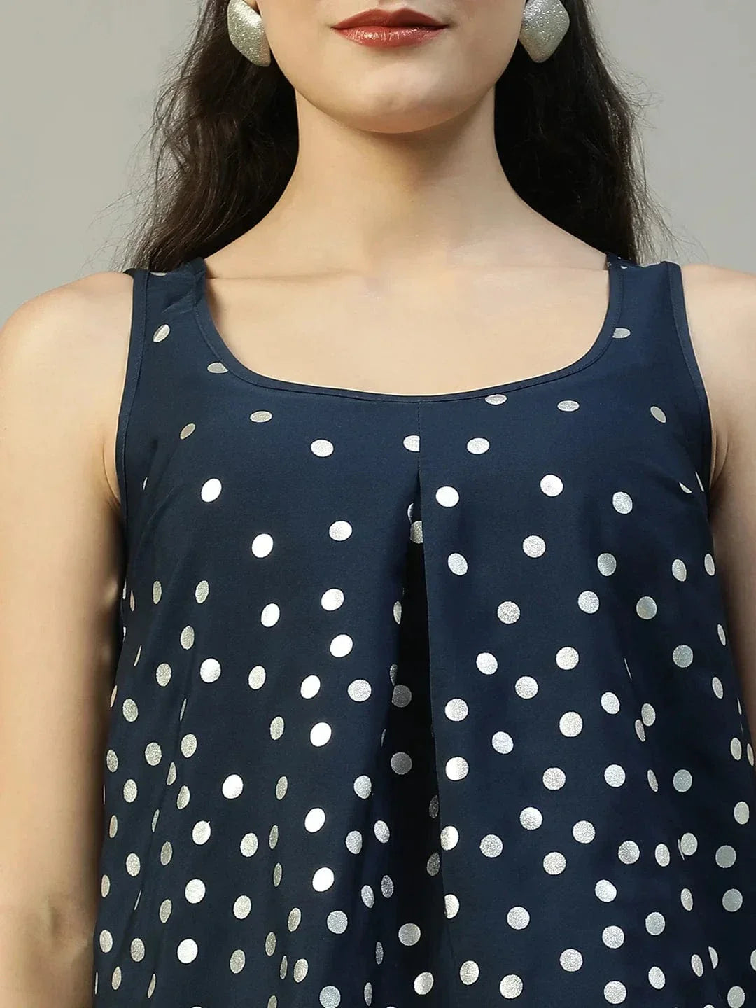 Navy Blue Foil Print Sleeveless Women Partywear Top - oxolloxo