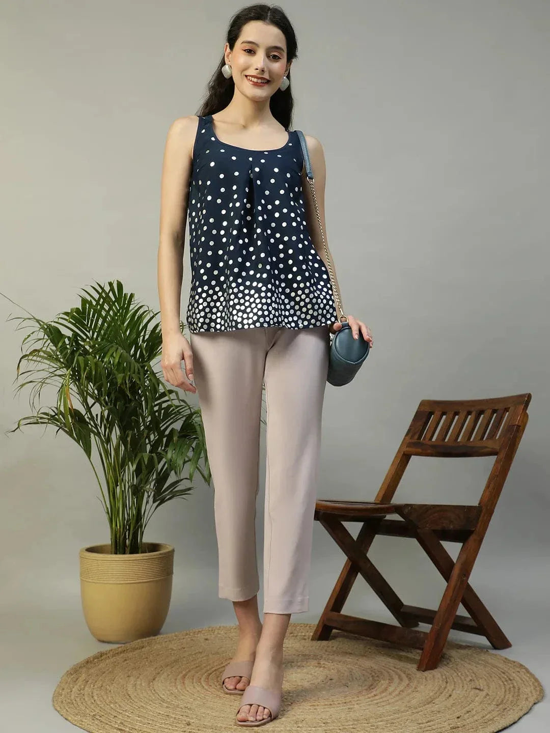 Navy Blue Foil Print Sleeveless Women Partywear Top - oxolloxo
