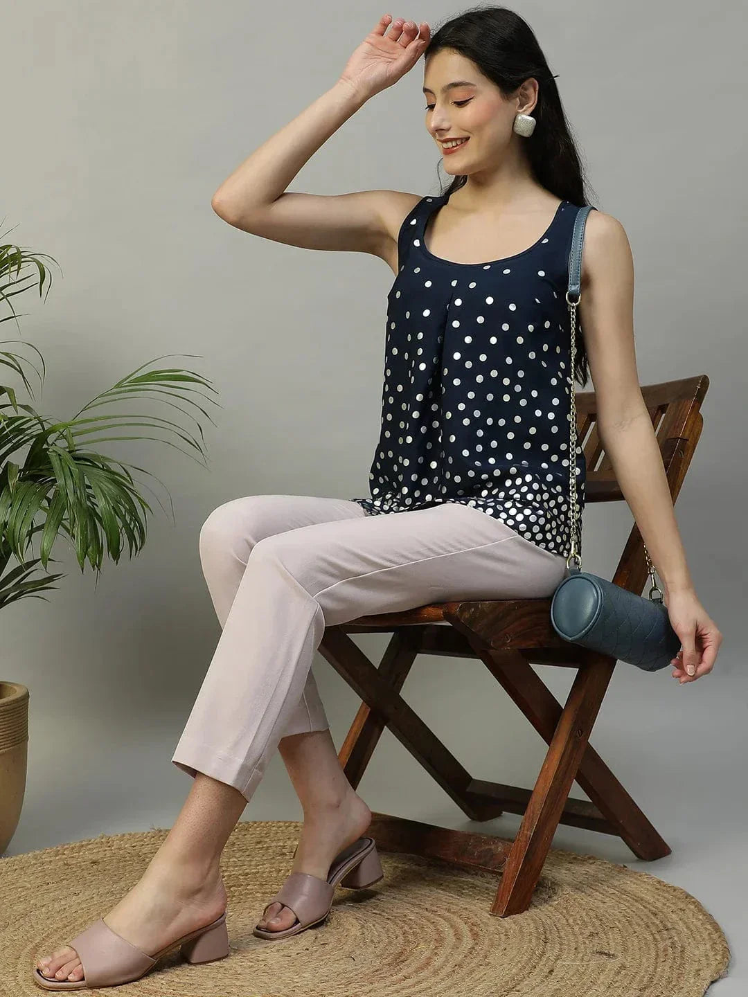 Navy Blue Foil Print Sleeveless Women Partywear Top - oxolloxo