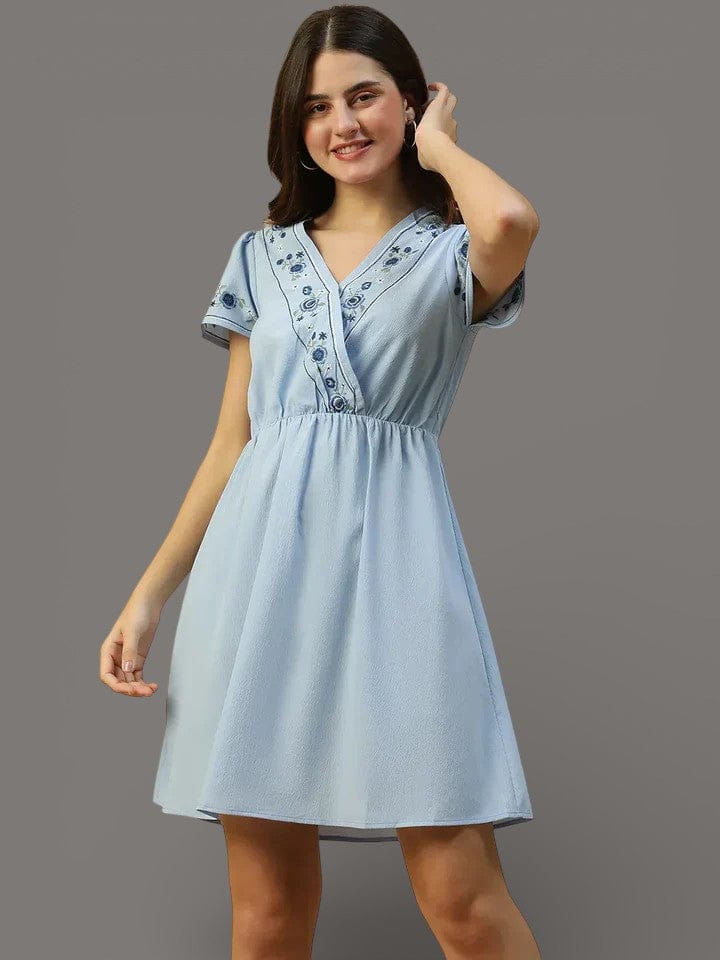Sky Blue Short Sleeve Embroidery Detail Elasticated Women Dress