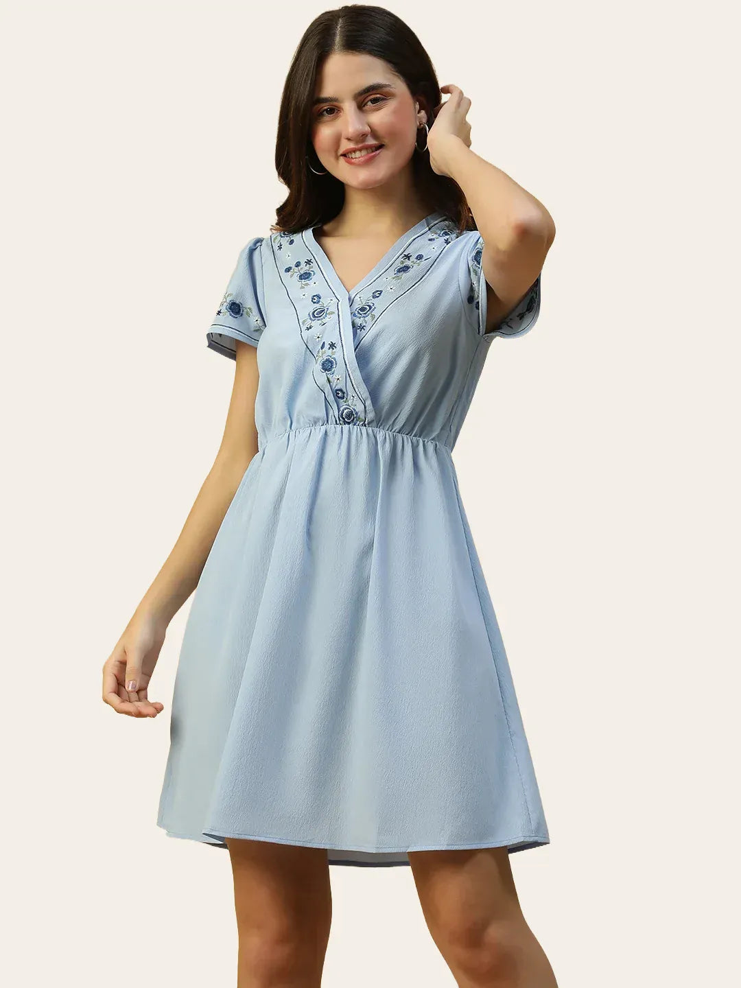 Sky Blue Short Sleeve Embroidery Detail Elasticated Women Dress