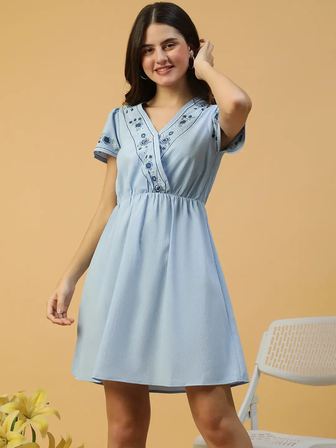 Sky Blue Short Sleeve Embroidery Detail Elasticated Women Dress