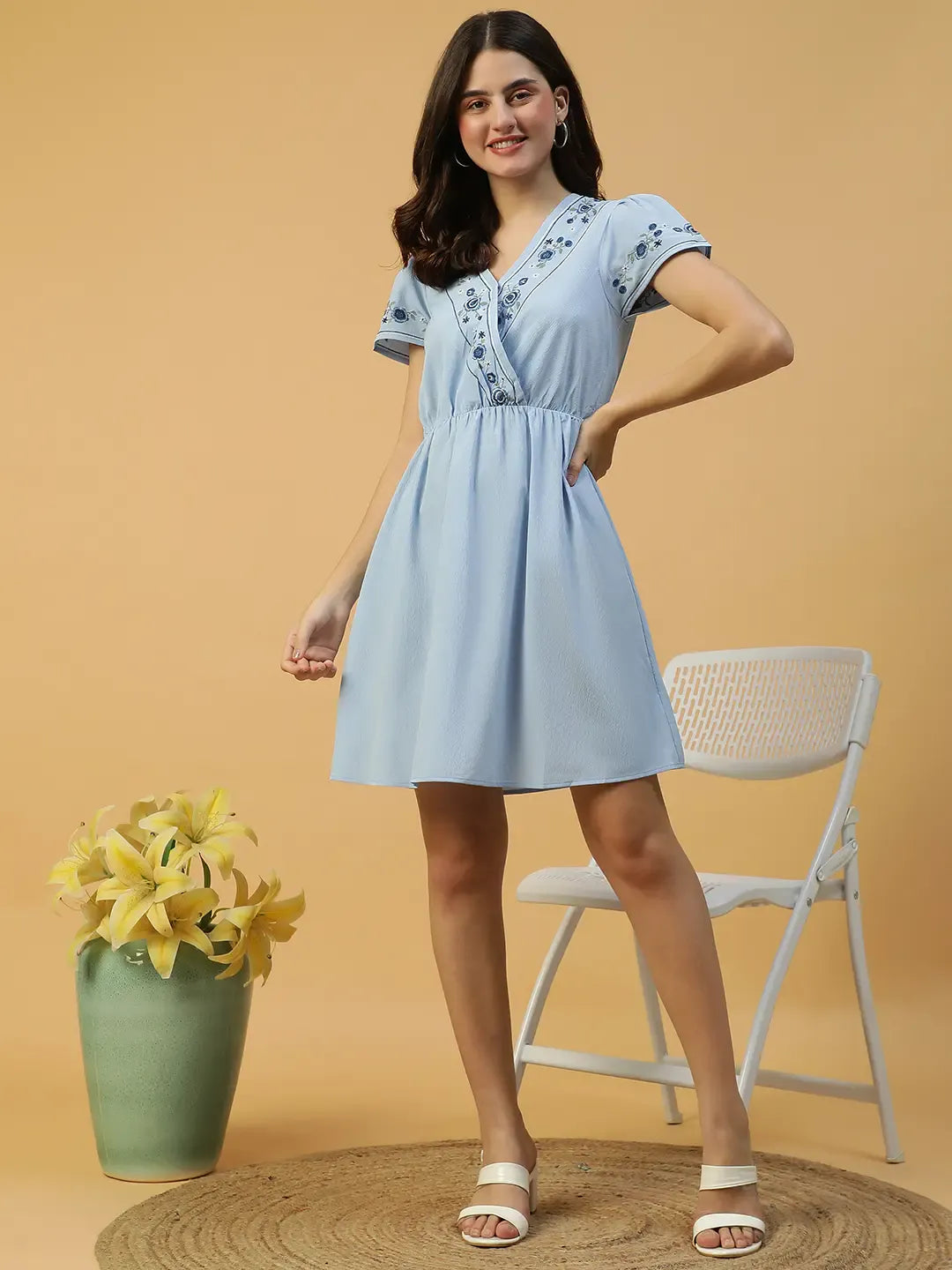 Sky Blue Short Sleeve Embroidery Detail Elasticated Women Dress