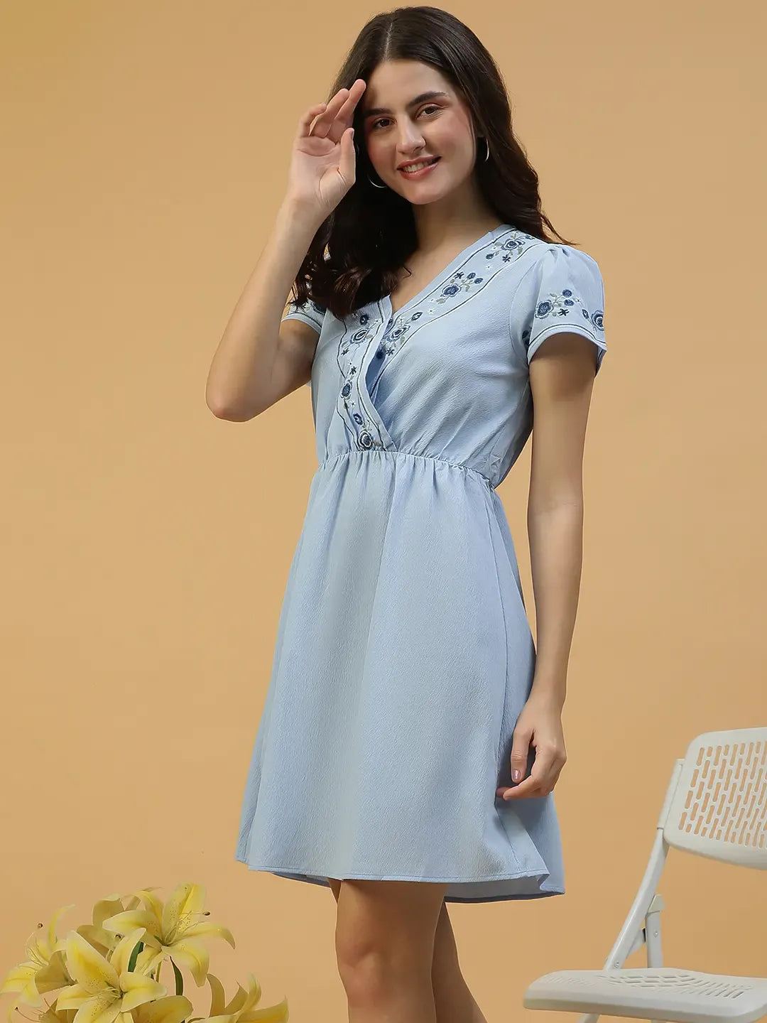 Sky Blue Short Sleeve Embroidery Detail Elasticated Women Dress