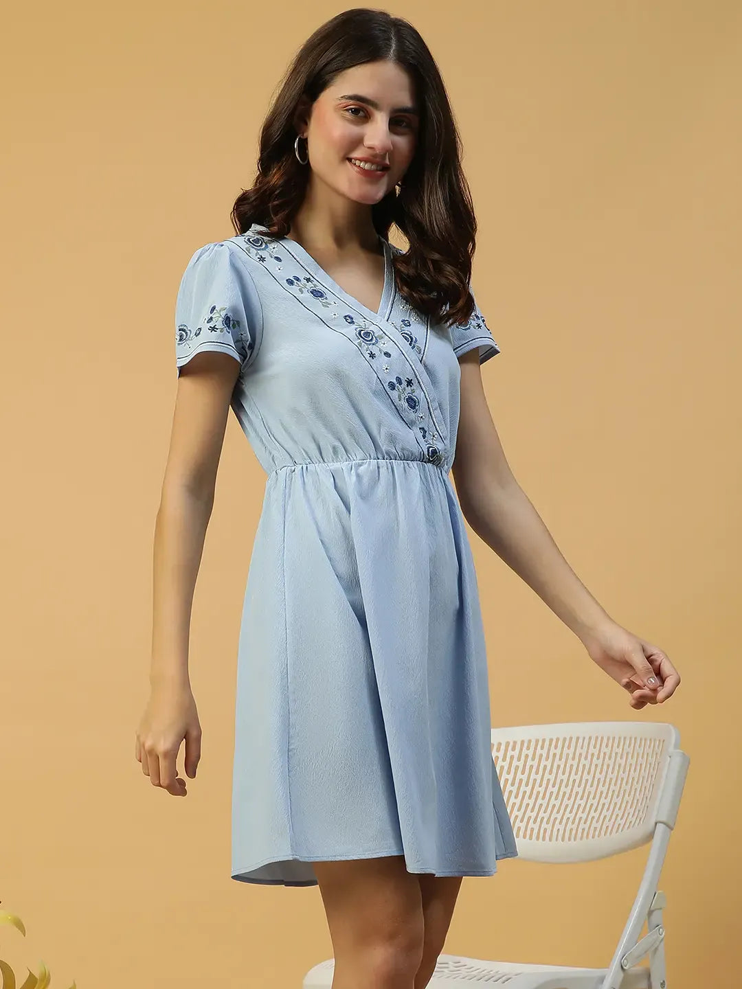 Sky Blue Short Sleeve Embroidery Detail Elasticated Women Dress