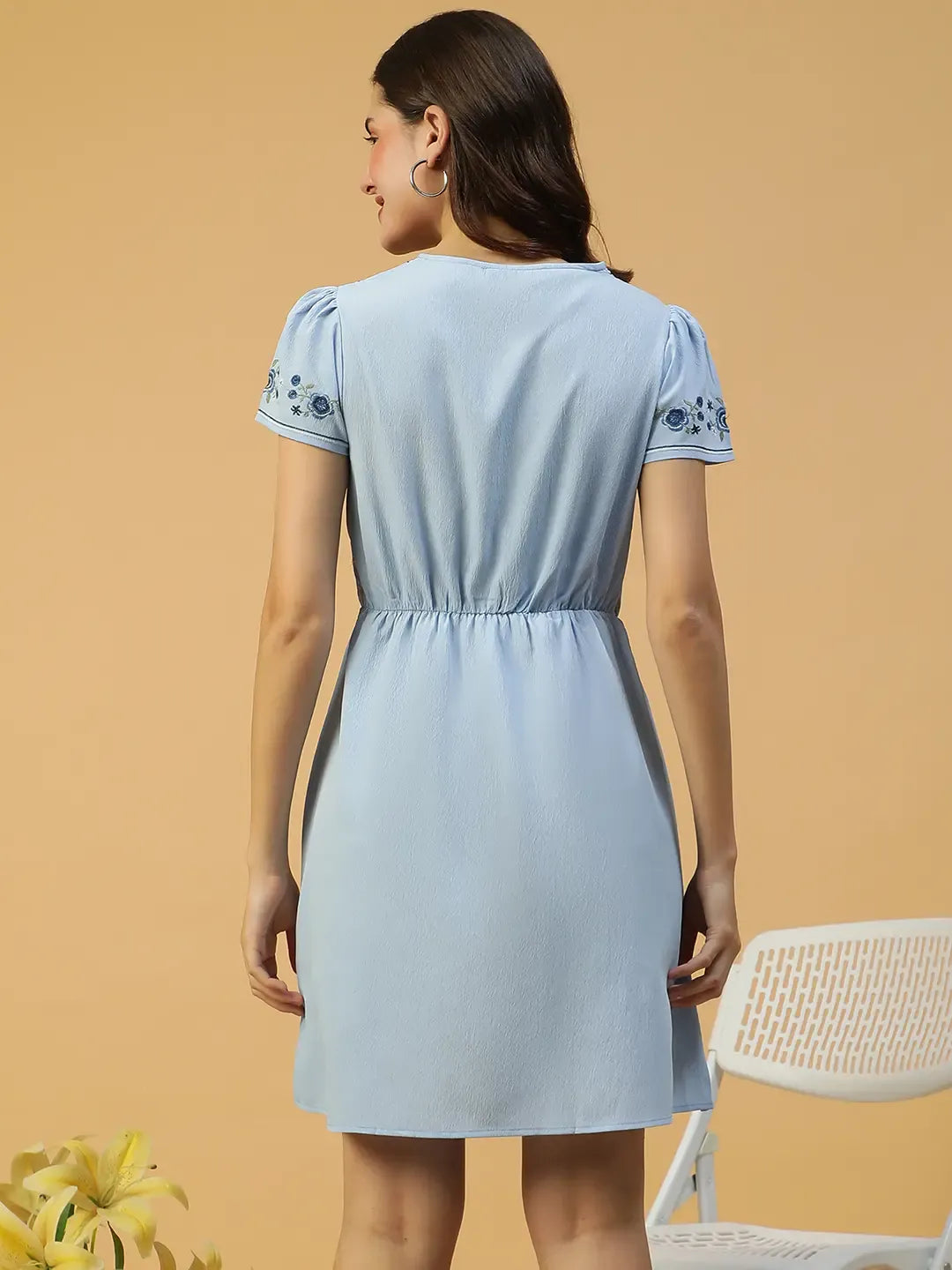 Sky Blue Short Sleeve Embroidery Detail Elasticated Women Dress