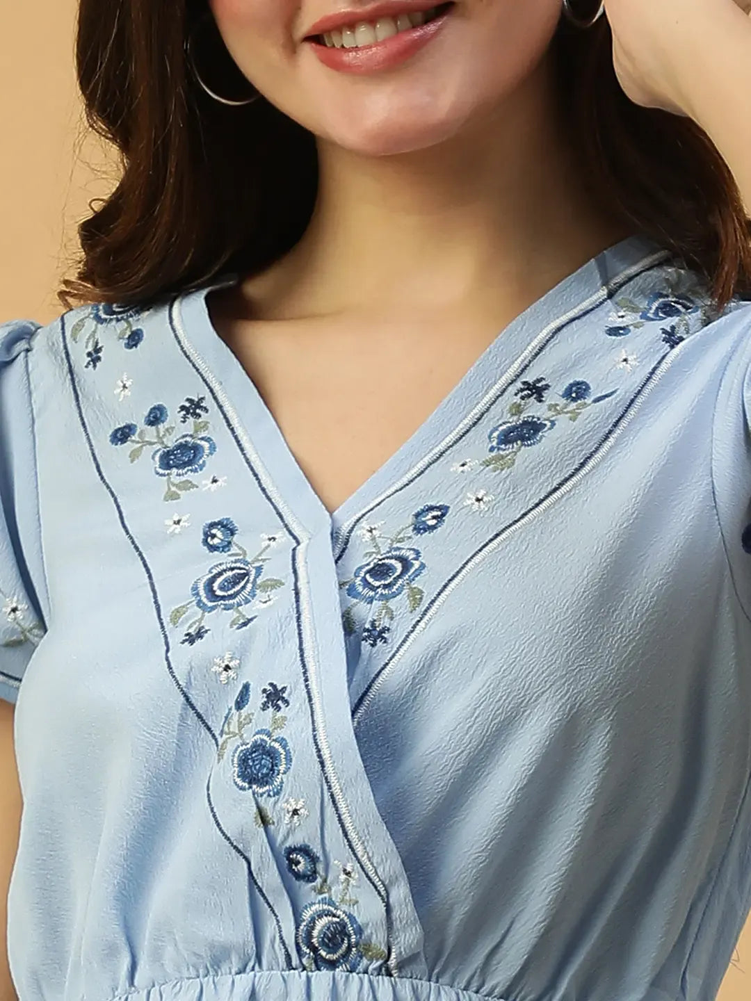 Sky Blue Short Sleeve Embroidery Detail Elasticated Women Dress