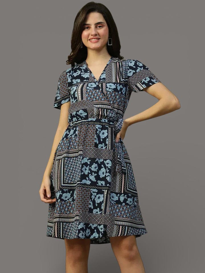 Pleased Blue Floral Print Tie-Knot Belted Women Dress