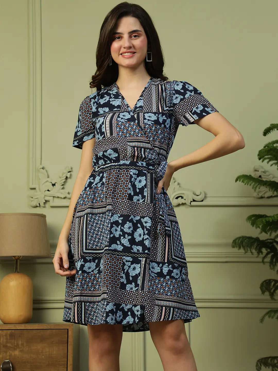 Pleased Blue Floral Print Tie-Knot Belted Women Dress