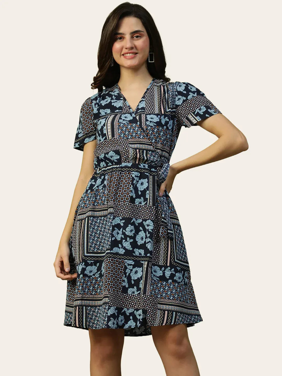 Pleased Blue Floral Print Tie-Knot Belted Women Dress