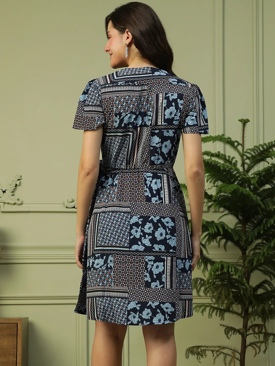 Pleased Blue Floral Print Tie-Knot Belted Women Dress