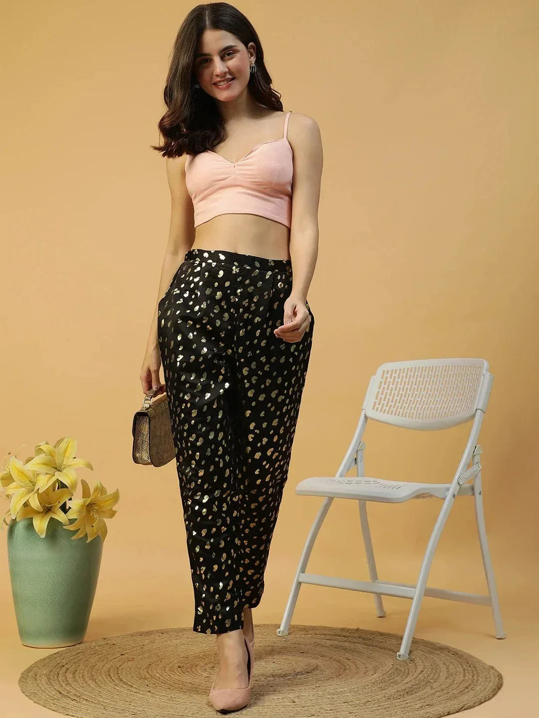 Sanguine Black Foil Print Elasticated Women Pant - oxolloxo