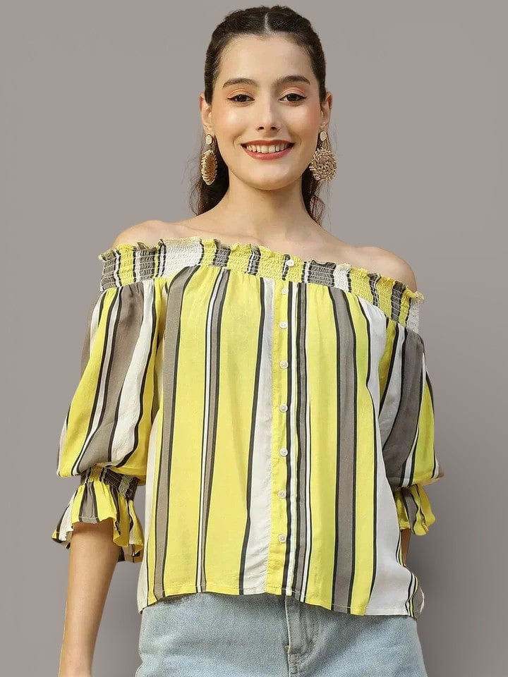 Off Shoulder Women Top - Multicolor Stripe Print 3/4 Sleeve Blouse With Smocked Waist
