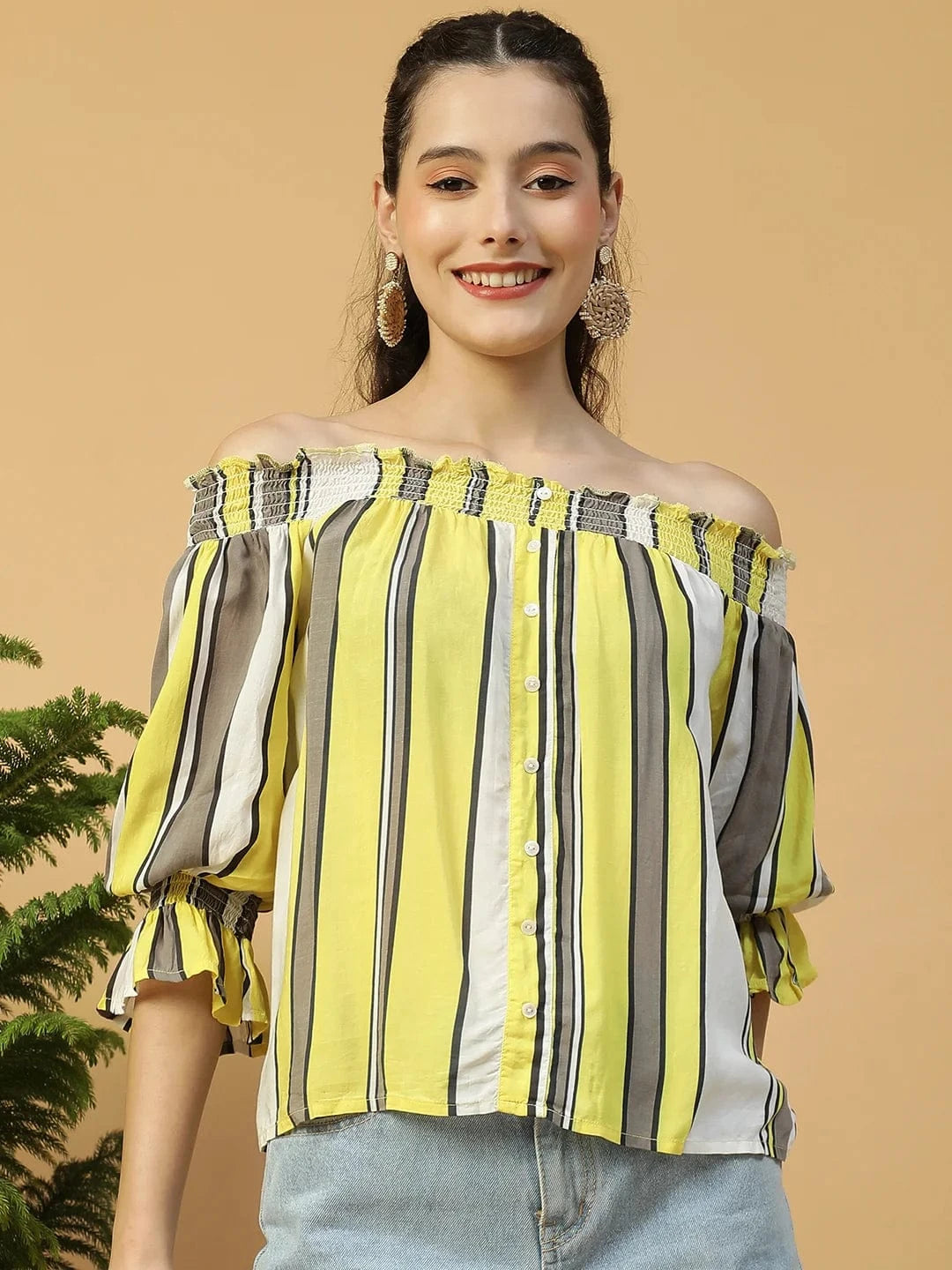 Multicolor Stripe Print Smocked Off-Shoulder 3/4 Sleeves Women Top