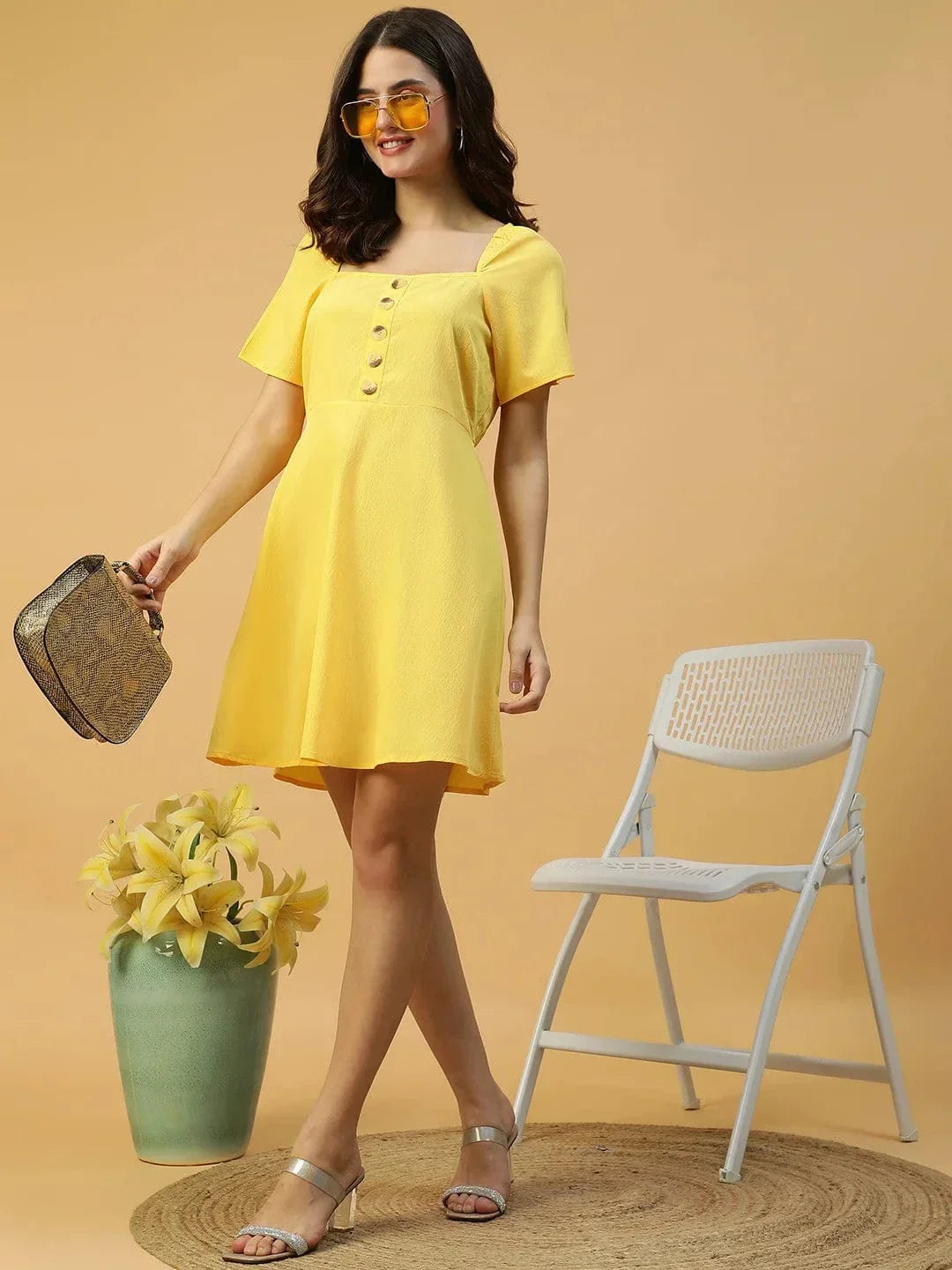 Lemon Yellow Horn Button Detailed Above Knee-Length Women Dress - oxolloxo