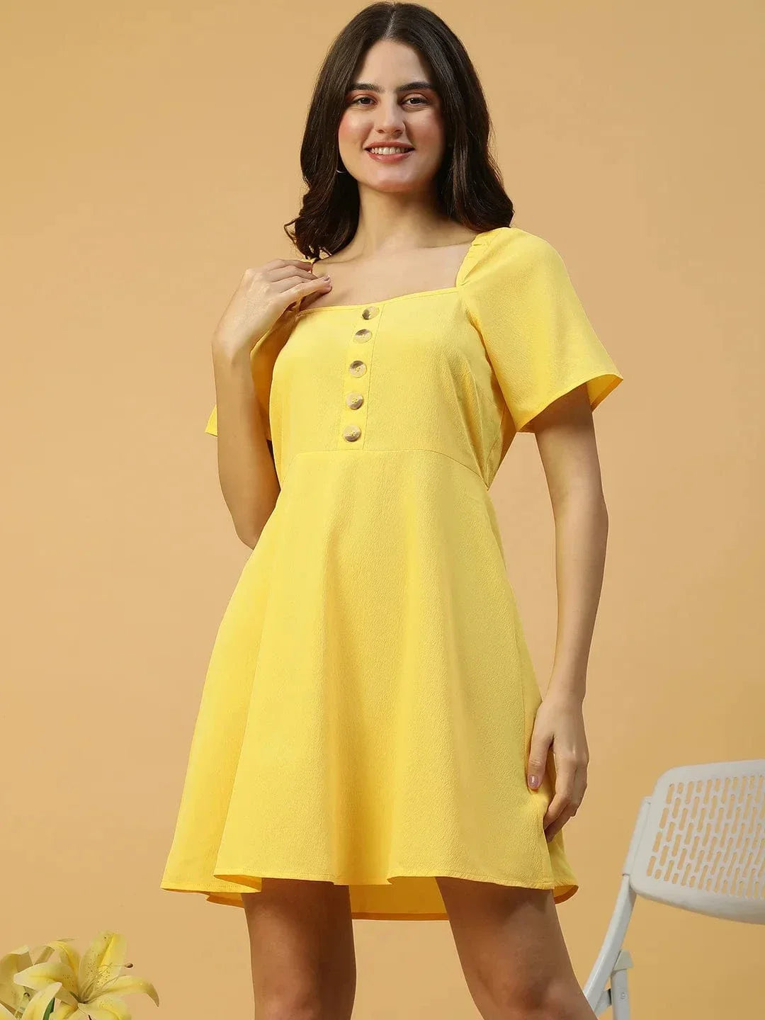 Lemon Yellow Horn Button Detailed Above Knee-Length Women Dress - oxolloxo