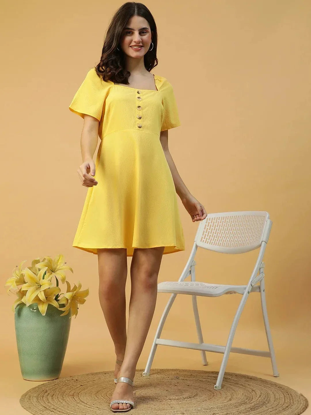 Lemon Yellow Horn Button Detailed Above Knee-Length Women Dress - oxolloxo