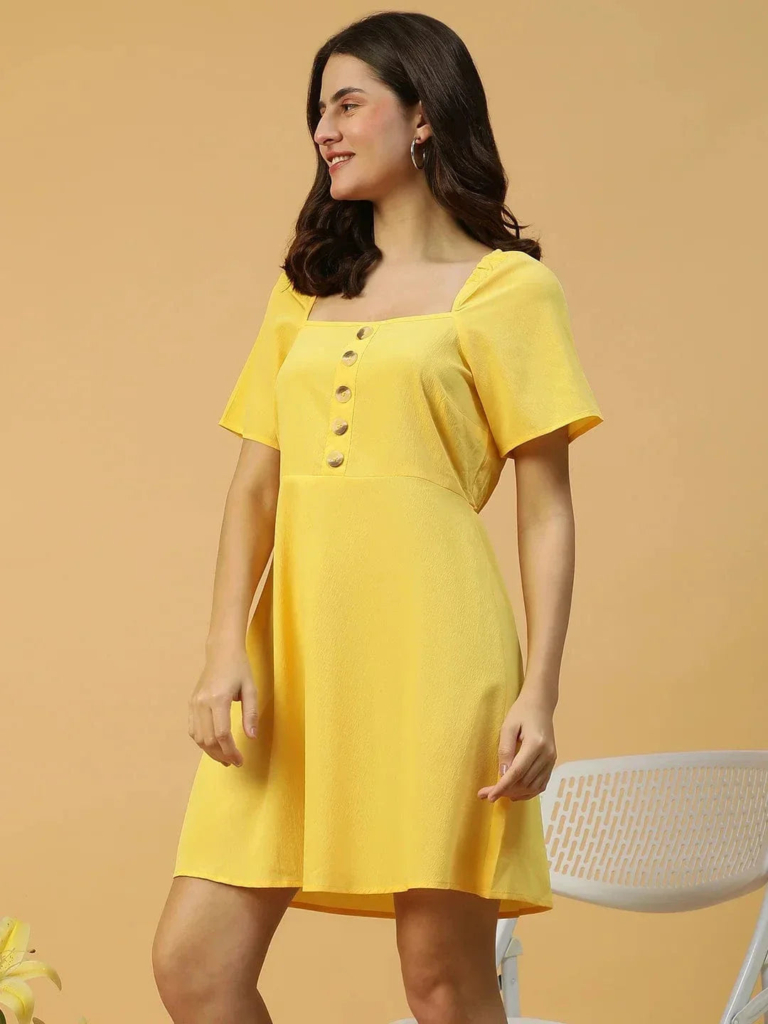 Lemon Yellow Horn Button Detailed Above Knee-Length Women Dress - oxolloxo