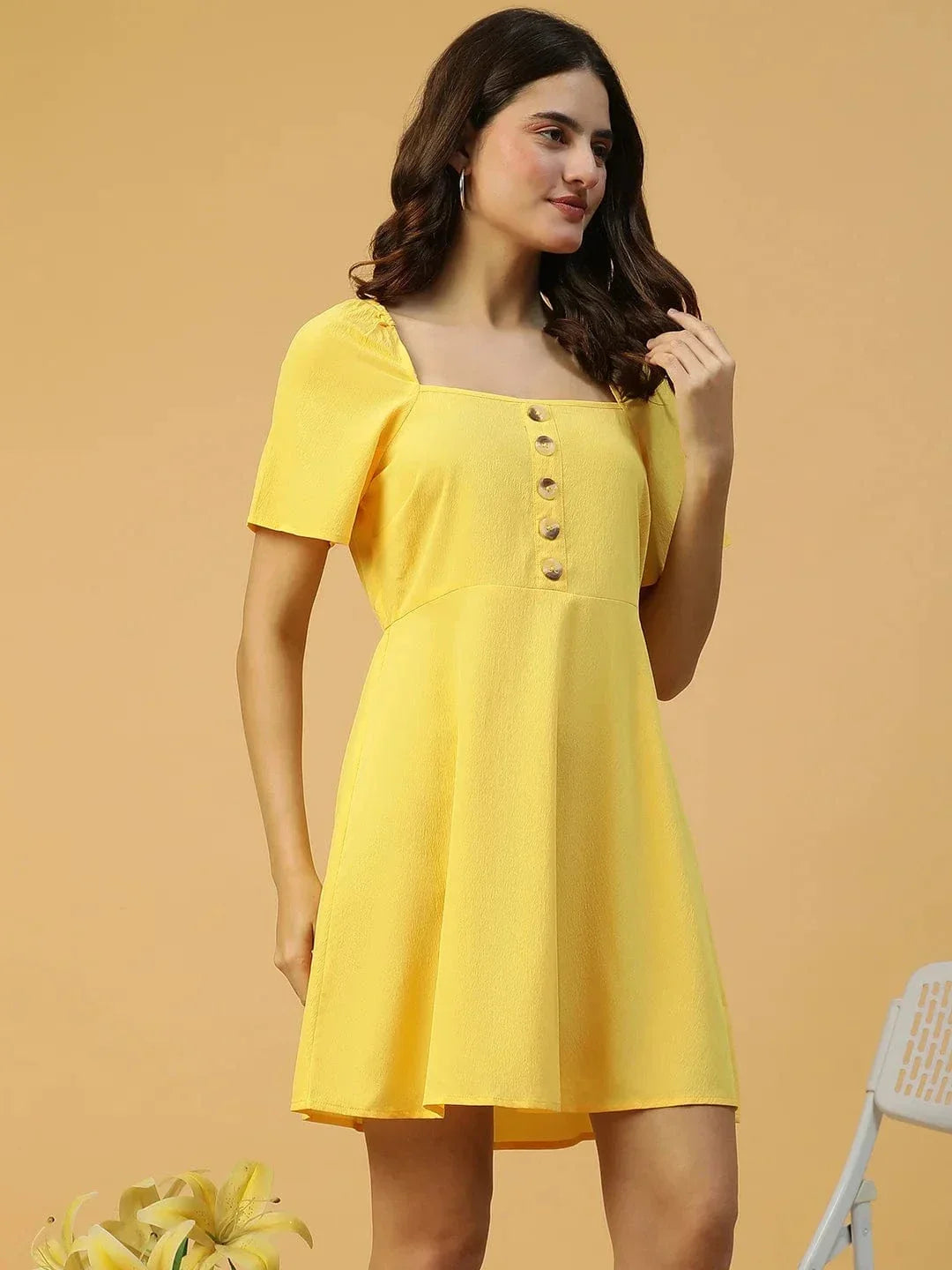 Lemon Yellow Horn Button Detailed Above Knee-Length Women Dress - oxolloxo