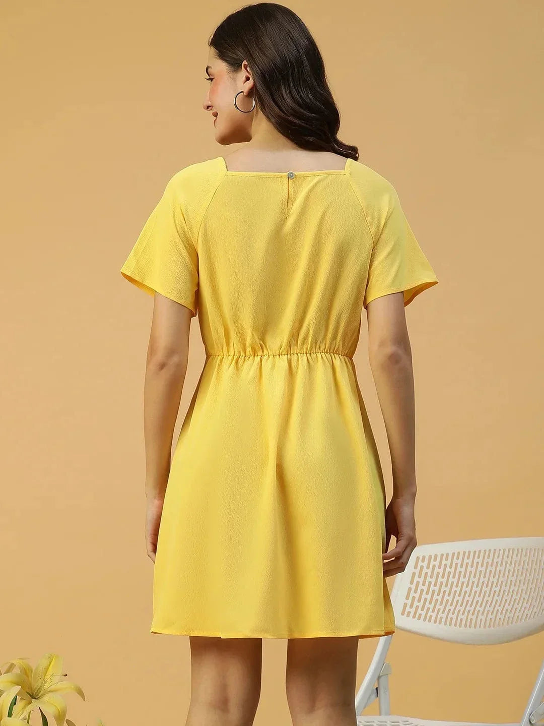 Lemon Yellow Horn Button Detailed Above Knee-Length Women Dress - oxolloxo